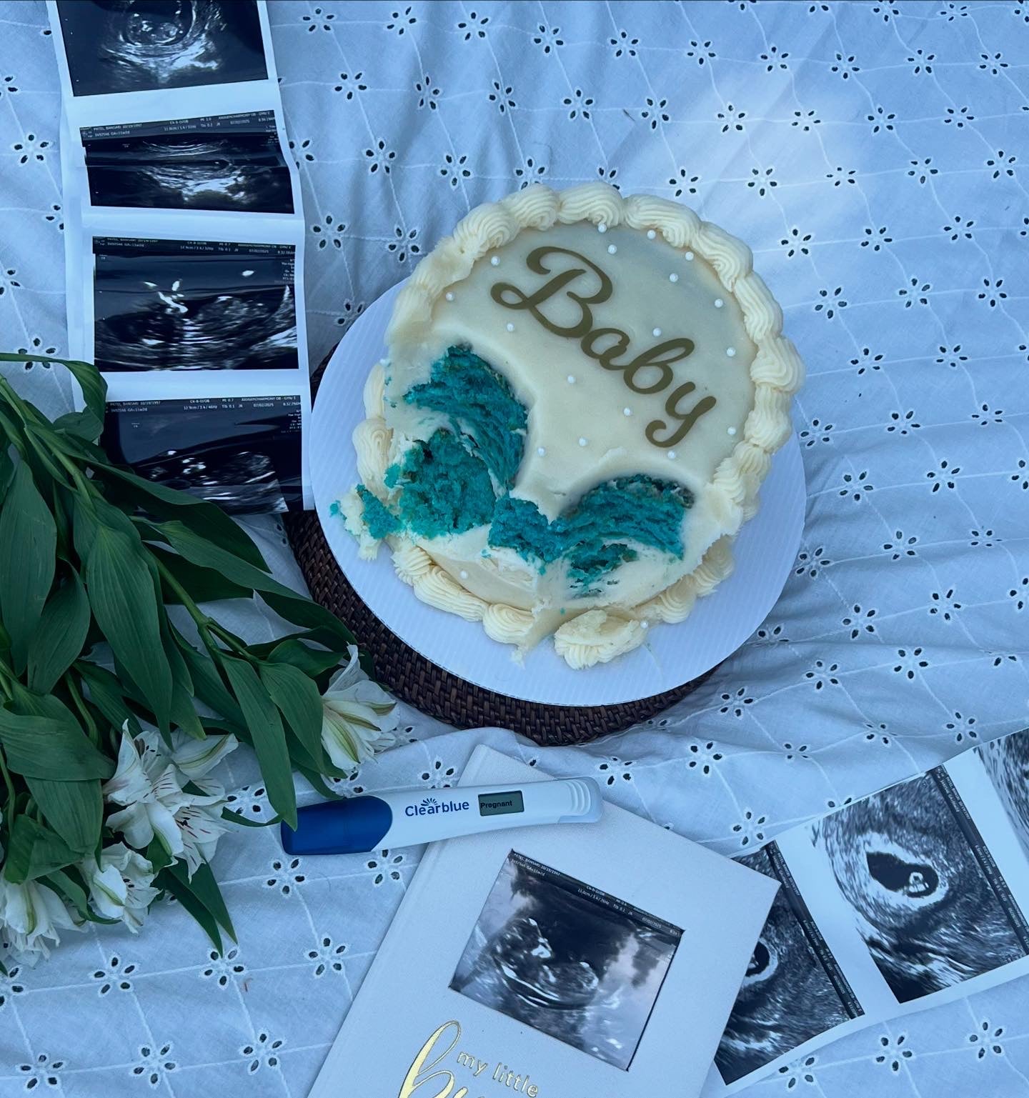 Custom gender reveal cake with surprise inside, handcrafted by Cakes by Ashni in New Jersey